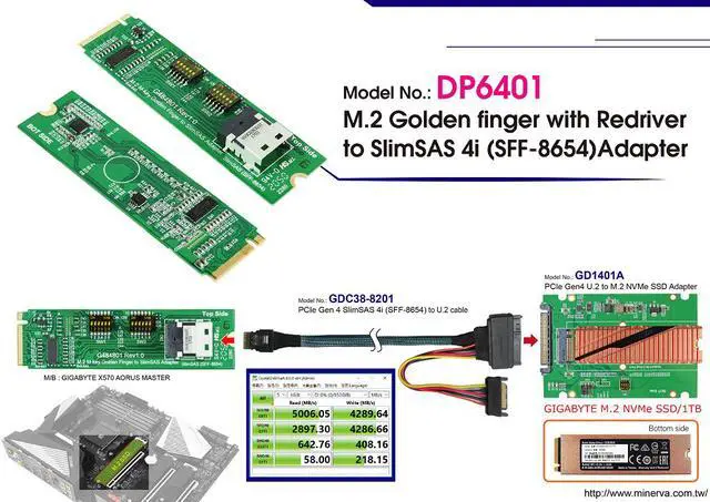 Alt view image 2 of 5 - M.2 M-key PCIe Gen 4 with ReDriver for SFF-8654 4i Adapter