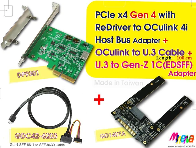 Main image of PCIe x4 Gen4 with ReDriver to OCulink 4i Host Bus Adapter & OCulink 4i to U.3 Cable/100cm & U.3 (SFF-8639) to Gen-Z 1C (EDSFF) Adapter KIT