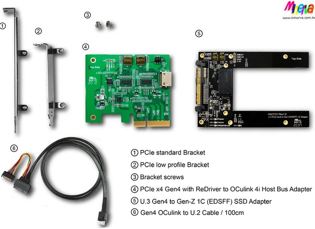 Alt view image 7 of 7 - PCIe x4 Gen4 with ReDriver to OCulink 4i Host Bus Adapter & OCulink 4i to U.3 Cable/100cm & U.3 (SFF-8639) to Gen-Z 1C (EDSFF) Adapter KIT