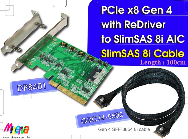 Main image of PCIe x8 Gen 4 + ReDriver to SFF-8654 8i Adapter + SlimSAS 8i cable, 100cm KIT for Intel ICE LAKE SERVER