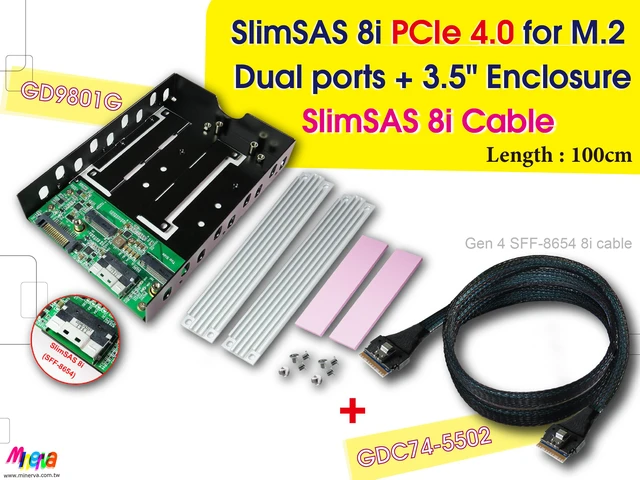 Main image of SFF-8654 8i PCIe 4.0 to M.2 NVMe x2 with Hot plug Power Protection + SFF-8654 8i cable, 100cm