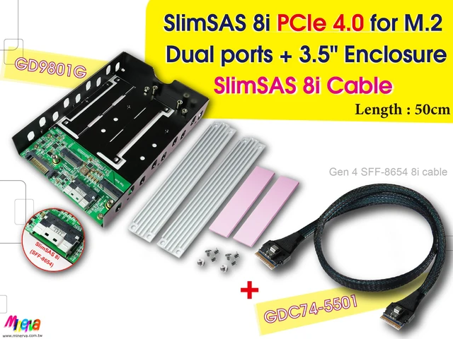 Main image of SFF-8654 8i PCIe 4.0 to M.2 NVMe x2 with Hot plug Power Protection + SFF-8654 8i cable, 50cm
