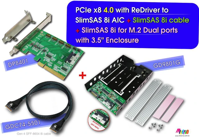 Main image of PCIe x8 Gen 4+ReDriver to SFF-8654 8i + SFF-8654 8i cable, 50cm + SFF-8654 8i to M.2 NVMe Dual port