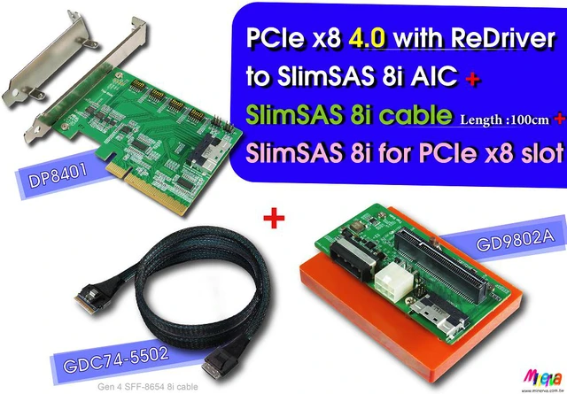 Main image of PCIe x8 Gen 4 with ReDriver to SlimSAS 8i +SlimSAS 8i cable,100cm+SlimSAS 8i to PCIe x8 Slot Gen 4 with Hot plug Power Protection