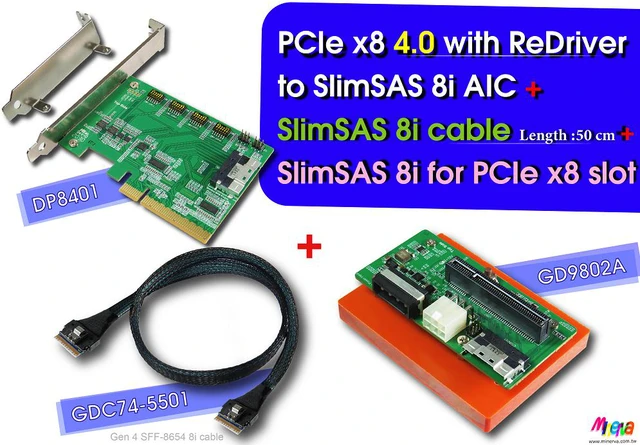 Main image of PCIe x8 Gen 4 with ReDriver to SlimSAS 8i + SlimSAS 8i cable,50cm+SlimSAS 8i to PCIe x8 Slot Gen 4 with Hot plug Power Protection