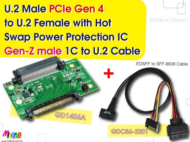 Main image of PCIe 4.0 Gen-Z 1C (EDSFF) to U.2 Cable, 50cm & U.2 (SFF-8639) Male PCIe Gen 4 to U.2 Female Adapter KIT