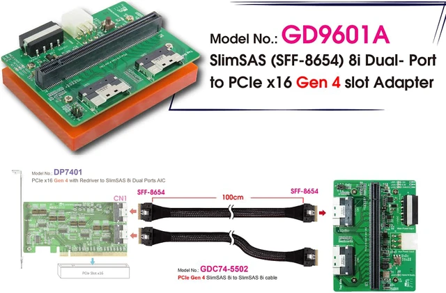 Alt view image 3 of 6 - SlimSAS 8i Dual-Port PCIe 4.0 to PCIe x16 Slot with Hot plug Power Protection & SlinSAS 8i cable, 100cm x2pcs