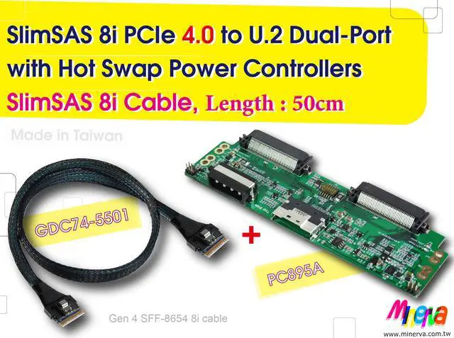 Main image of SlimSAS 8i PCIe 4.0 to U.2 dual port with Hot plug Power Protection & SlimSAS 8i cable, 50cm