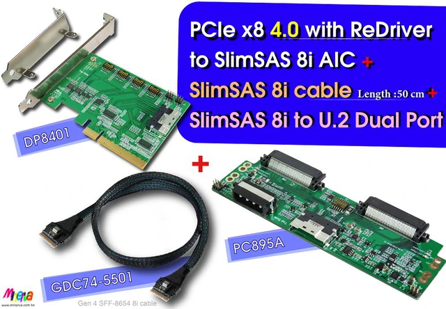 Main image of PCIe x8 Gen 4 with ReDriver to SFF-8654 8i Adapter & SFF-8654 8i cable, 50cm & SFF-8654 8i to U.2 NVMe Dual port Adapter KIT