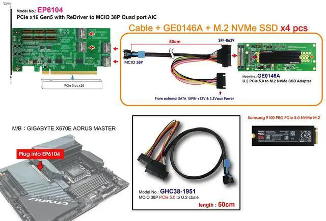 Alt view image 6 of 7 - PCIe x16 Gen 5 with ReDriver to MCIO 38P quad port