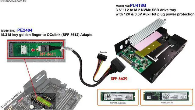 Alt view image 4 of 6 - Innocard M.2 M-key to OCulink Adapter with U.2 to OCulink Cable with 3.5” U.2 (SFF-8639) to M.2 NVMe SSD with hot plug power IC protection drive tray KIT