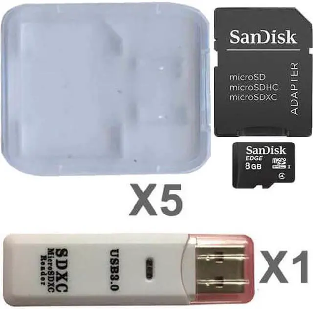 Main image of SanDisk 8GB MicroSD Class 4 UHS-1 SDSDQAB-008G Micro SDHC Card  (5 Pack) with SD Adapters, Plastic Cases and 1 Reader