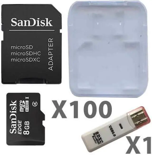 Main image of SanDisk 8GB MicroSD Class 4 UHS-1 SDSDQAB-008G Micro SDHC Card (100 Pack) with SD Adapters, Plastic Cases and 1 Reader