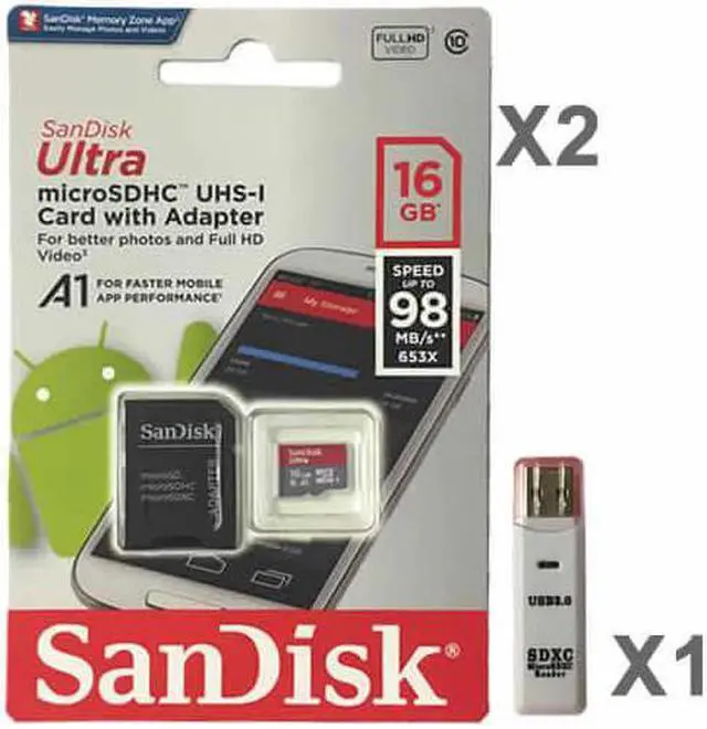 Main image of SanDisk Kit of Qty 2 x Sandisk Ultra 16GB mSDHC SDSQUAR-016G-GN6MN Card with 1 USB Reader