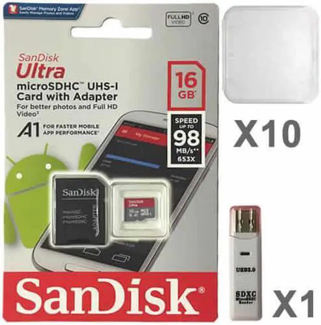 Main image of SanDisk Kit of Qty 10 x Sandisk Ultra 16GB mSDHC SDSQUAR-016G-GN6MN Card with Plastic Cases and 1 USB Reader