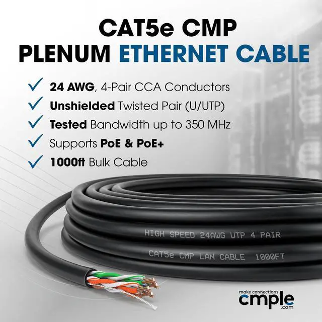 Alt view image 2 of 7 - Cmple - Cat5e Plenum Cable 1000ft, CMP, Black 350MHz Gigabit Ethernet Solid Network Internet Bulk UTP