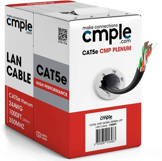 Main image of Cmple - Cat5e Plenum Cable 1000ft, CMP, Black 350MHz Gigabit Ethernet Solid Network Internet Bulk UTP