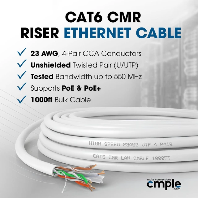 Alt view image 2 of 7 - Cmple - Cat6 Cable 1000ft Bulk Lan Ethernet Cat 6 Wire Network UTP 23AWG CMR Riser 10 Gbps 550 MHz Pull Box 1000 Feet, White