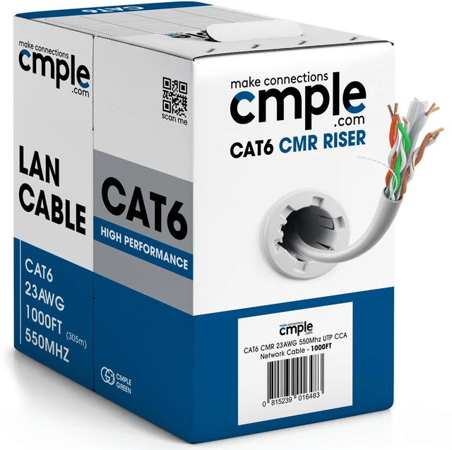Main image of Cmple - Cat6 Cable 1000ft Bulk Lan Ethernet Cat 6 Wire Network UTP 23AWG CMR Riser 10 Gbps 550 MHz Pull Box 1000 Feet, White