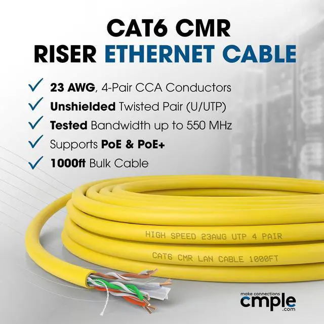 Alt view image 2 of 7 - Cmple - Cat6 Cable 1000ft Bulk Lan Ethernet Cat 6 Wire Network UTP 23AWG CMR Riser 10 Gbps 550 MHz Pull Box 1000 Feet, Yellow