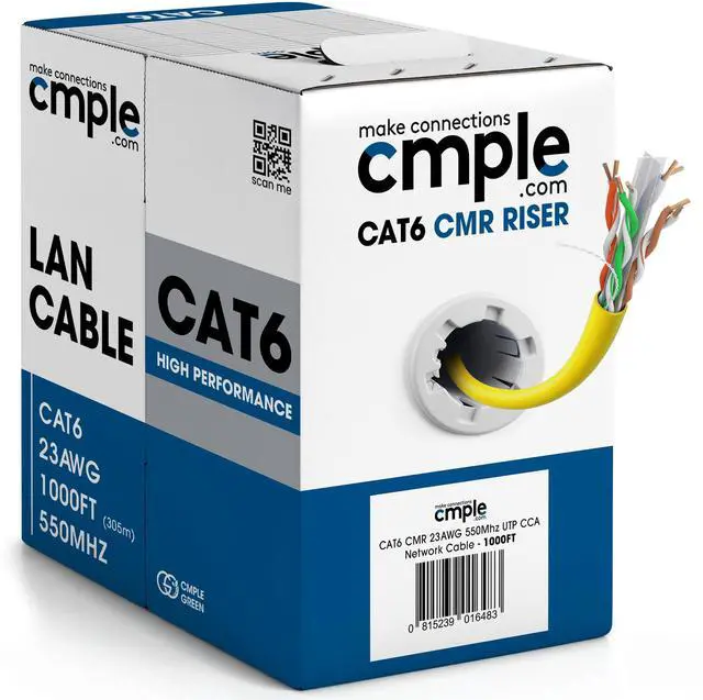 Main image of Cmple - Cat6 Cable 1000ft Bulk Lan Ethernet Cat 6 Wire Network UTP 23AWG CMR Riser 10 Gbps 550 MHz Pull Box 1000 Feet, Yellow