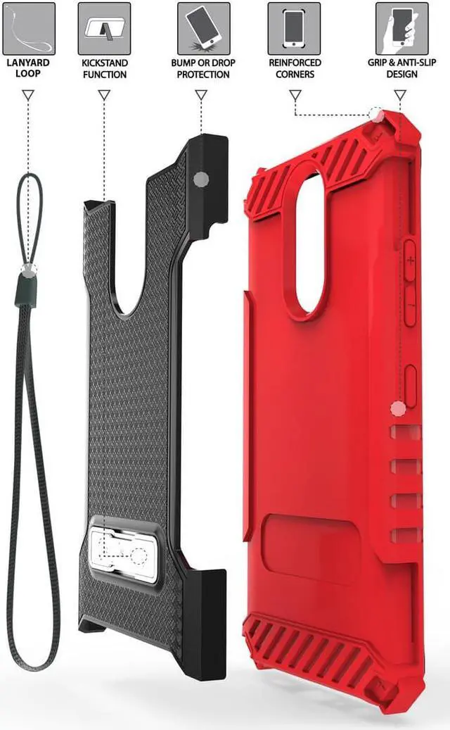 Alt view image 5 of 7 - Red Tri-Shield Rugged Case Cover with Kickstand Lanyard for LG Harmony 3 LMX420