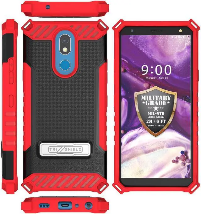 Alt view image 6 of 7 - Red Tri-Shield Rugged Case Cover with Kickstand Lanyard for LG Harmony 3 LMX420