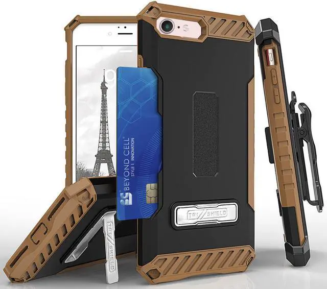 Main image of BROWN CASE KICKSTAND CARD SLOT COVER + STRAP + BELT CLIP HOLSTER FOR iPHONE 8/7