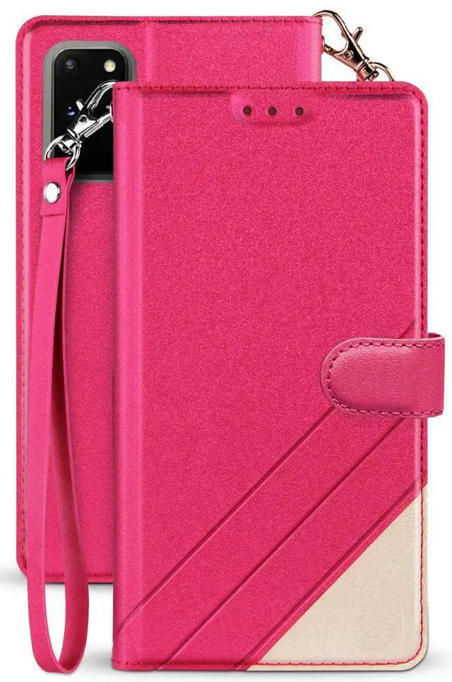 Main image of Pink Wallet Case Stand Card Slot Cover Wrist Strap for Samsung Galaxy Note 20