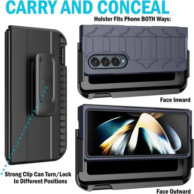 Alt view image 3 of 7 - Rugged Case and Holster with S Pen Slot for Samsung Galaxy Z Fold 4 Phone - Navy