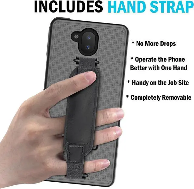 Alt view image 7 of 7 - Black Slim Shell Kickstand Case + Hand Strap for Sonim XP10 5G Phone (XP9900)