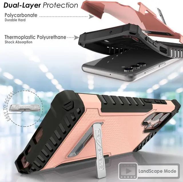 Alt view image 3 of 7 - Blush Pink Hybrid Case Cover Kickstand and Strap for Galaxy S22 Ultra 5G