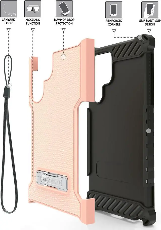 Alt view image 4 of 7 - Blush Pink Hybrid Case Cover Kickstand and Strap for Galaxy S22 Ultra 5G