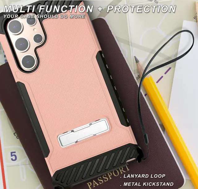Alt view image 6 of 7 - Blush Pink Hybrid Case Cover Kickstand and Strap for Galaxy S22 Ultra 5G