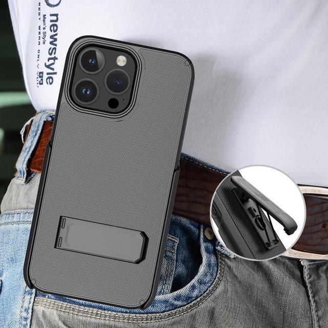 Alt view image 7 of 7 - Hybrid Case w/ Stand and Belt Clip Holster Combo for iPhone 15 Pro Max - Black