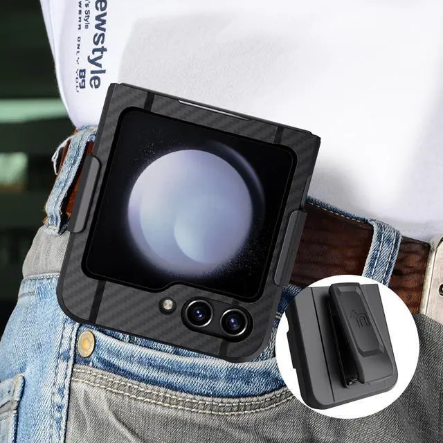 Alt view image 6 of 7 - Rugged Case and Belt Clip Holster for Galaxy Z Flip 5 5G - Carbon Fiber Design