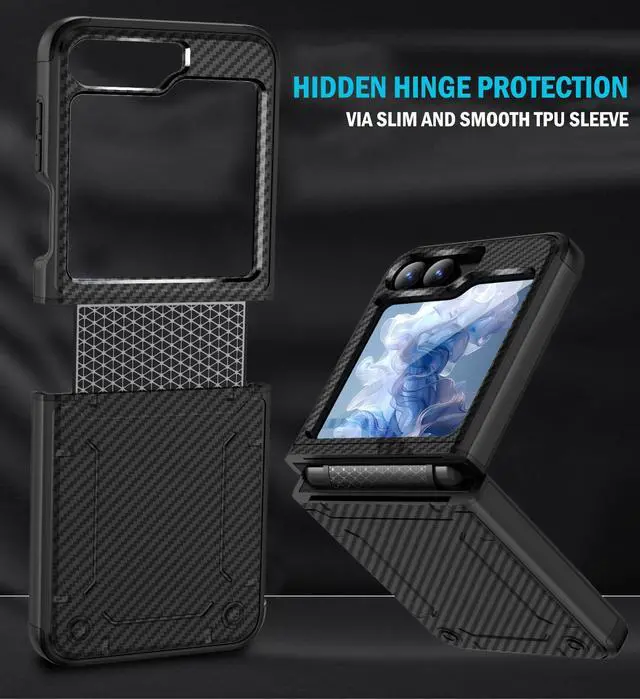 Alt view image 5 of 7 - Hybrid Case for Galaxy Z Flip 7 FE & Z Flip 6 w/ Hinge Protection - Carbon Fiber