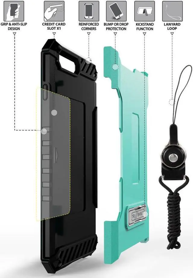 Alt view image 3 of 6 - Aqua Mint Rugged Case Credit Card Slot Cover Wrist Strap for iPhone SE 2022/2020