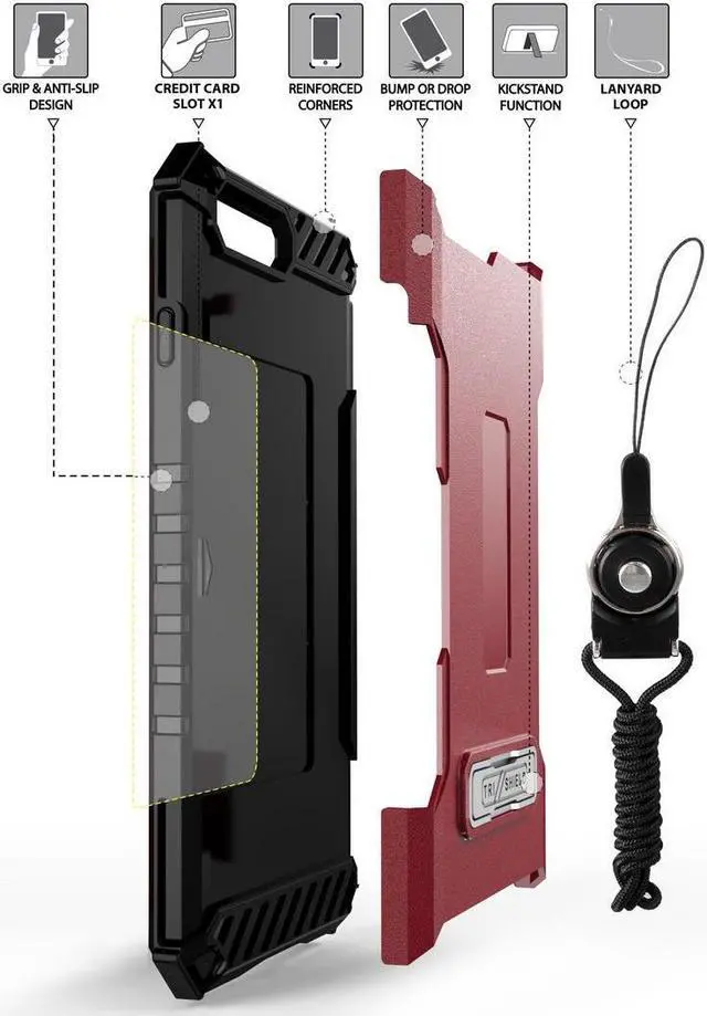 Alt view image 3 of 6 - Burgundy Red Rugged Case Card Slot Cover and Strap for iPhone SE 2022/2020
