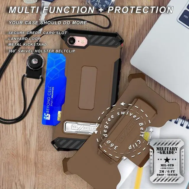 Alt view image 3 of 7 - Tan Brown Case Stand Wallet Card Slot Strap Belt Clip Holster for iPhone 8, 7