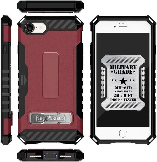 Alt view image 4 of 6 - Burgundy Red Rugged Case Card Slot Cover and Strap for iPhone SE 2022/2020