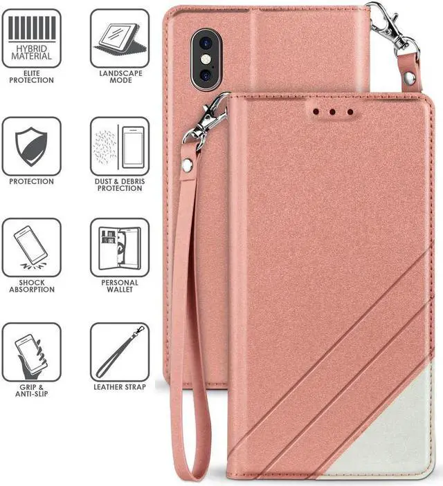 Alt view image 5 of 6 - Rose Gold Wallet Case Slot Cover Stand Wrist Strap for Apple iPhone Xs Max 6.5"