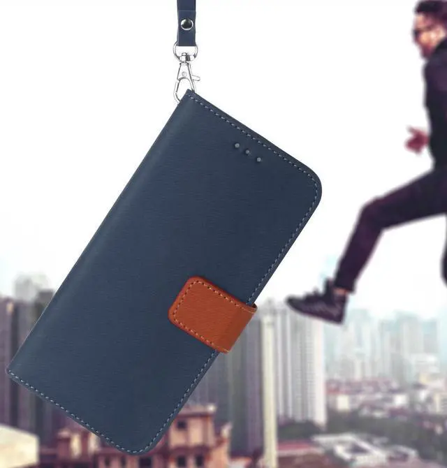 Alt view image 7 of 7 - Navy/Brown Wallet Case Credit Card Slot Lanyard Strap for Samsung Galaxy A72 5G