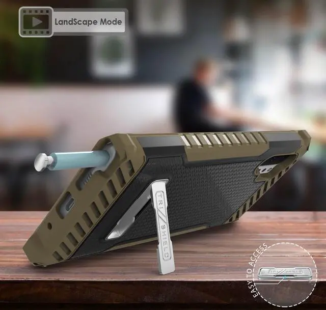 Alt view image 2 of 7 - Brown Rugged Tri-Shield Case Cover Kickstand Wrist Strap for Galaxy Note 10 Plus