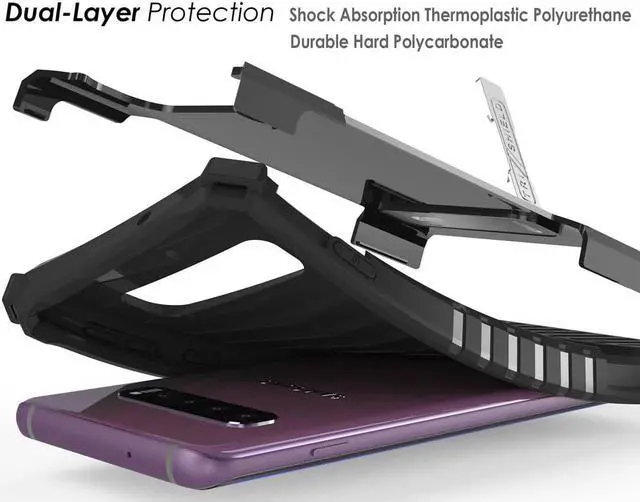 Alt view image 7 of 8 - Case For Galaxy S10 Plus, Black Tri-Shield [Military Grade] Rugged Cover With Metal Kickstand [Includes Wrist Strap Lanyard] For Samsung Galaxy S10+ Phone (Sm-G975)