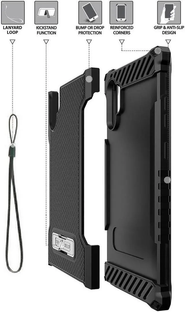 Alt view image 6 of 7 - Black Rugged Tri-Shield Case Cover Kickstand + Lanyard for Galaxy Note 10 Plus