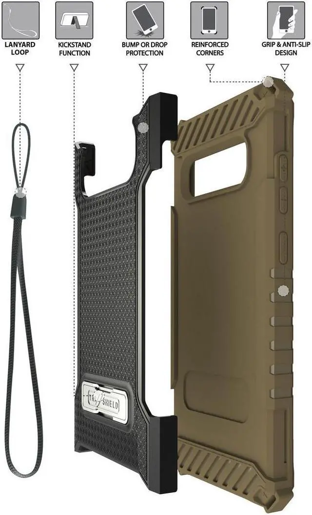 Alt view image 2 of 7 - Brown Rugged Tri-Shield Case Cover Kickstand Wrist Strap for Samsung Galaxy S10