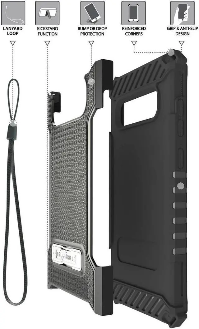 Alt view image 3 of 8 - Case For Galaxy S10 Plus, Black Tri-Shield [Military Grade] Rugged Cover With Metal Kickstand [Includes Wrist Strap Lanyard] For Samsung Galaxy S10+ Phone (Sm-G975)