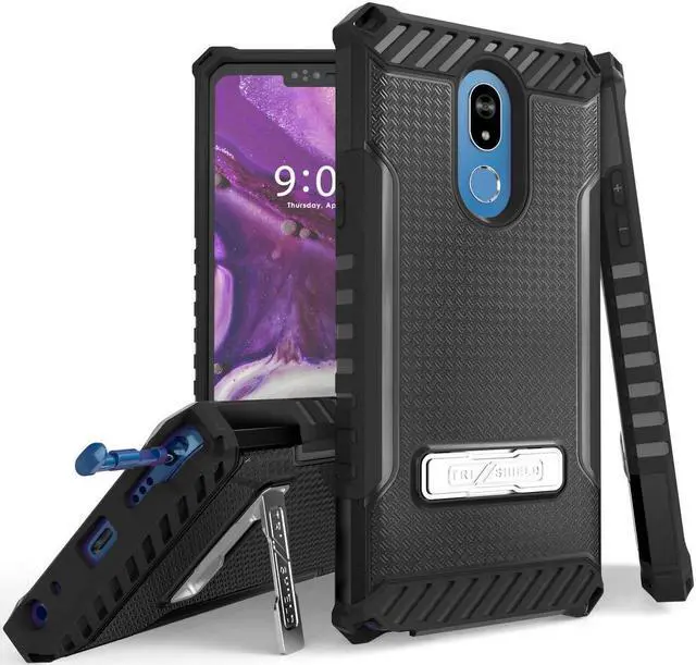 Main image of Black Tri-Shield Rugged Case Cover with Kickstand Lanyard Strap for LG Stylo 5