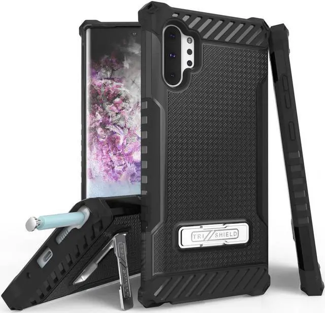 Main image of Black Rugged Tri-Shield Case Cover Kickstand + Lanyard for Galaxy Note 10 Plus